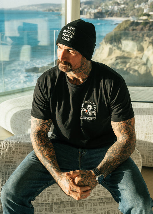 Anti Social Sober Club beanie/ black with white writing