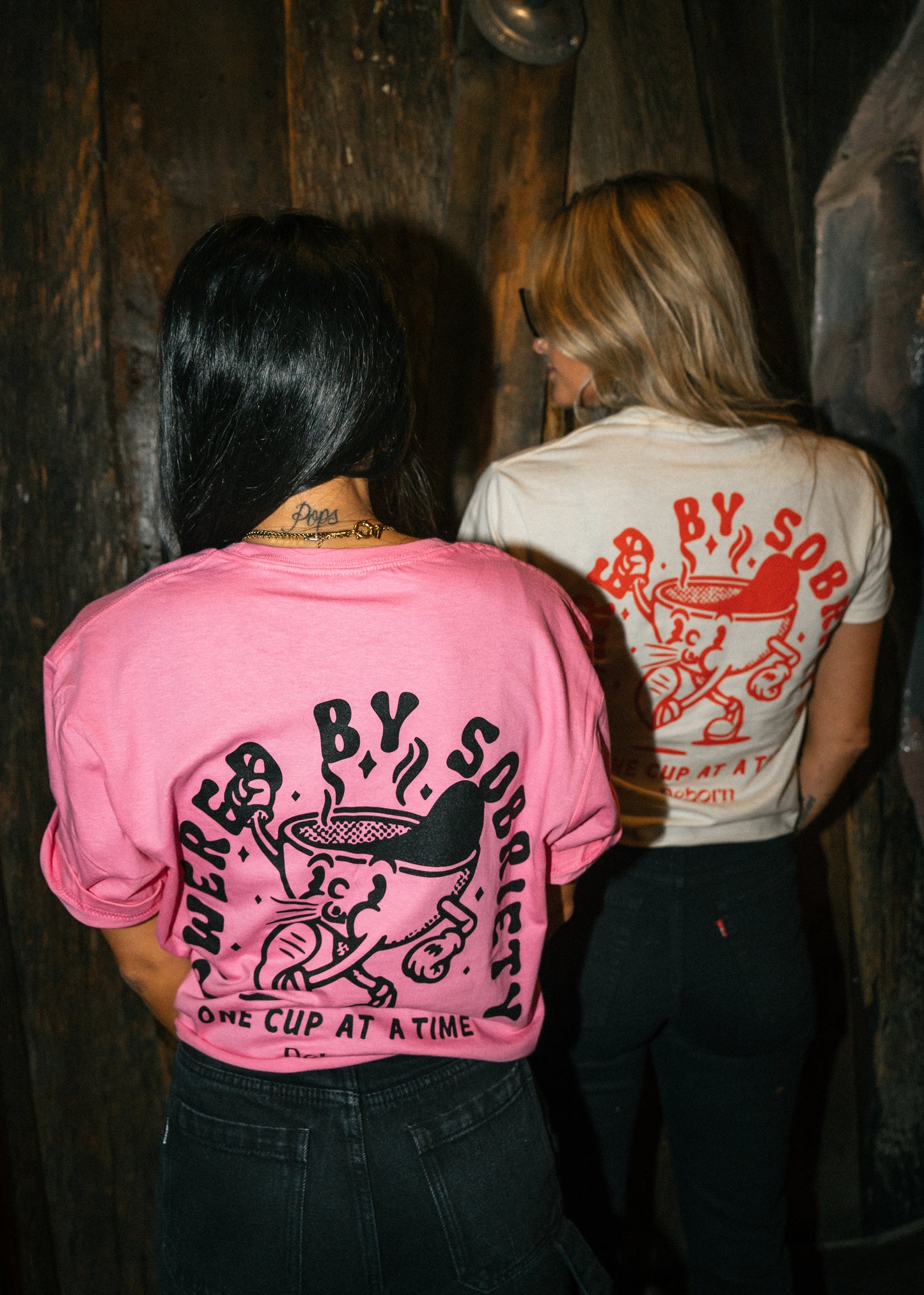 Powered by sobriety ☕️ pink t shirt