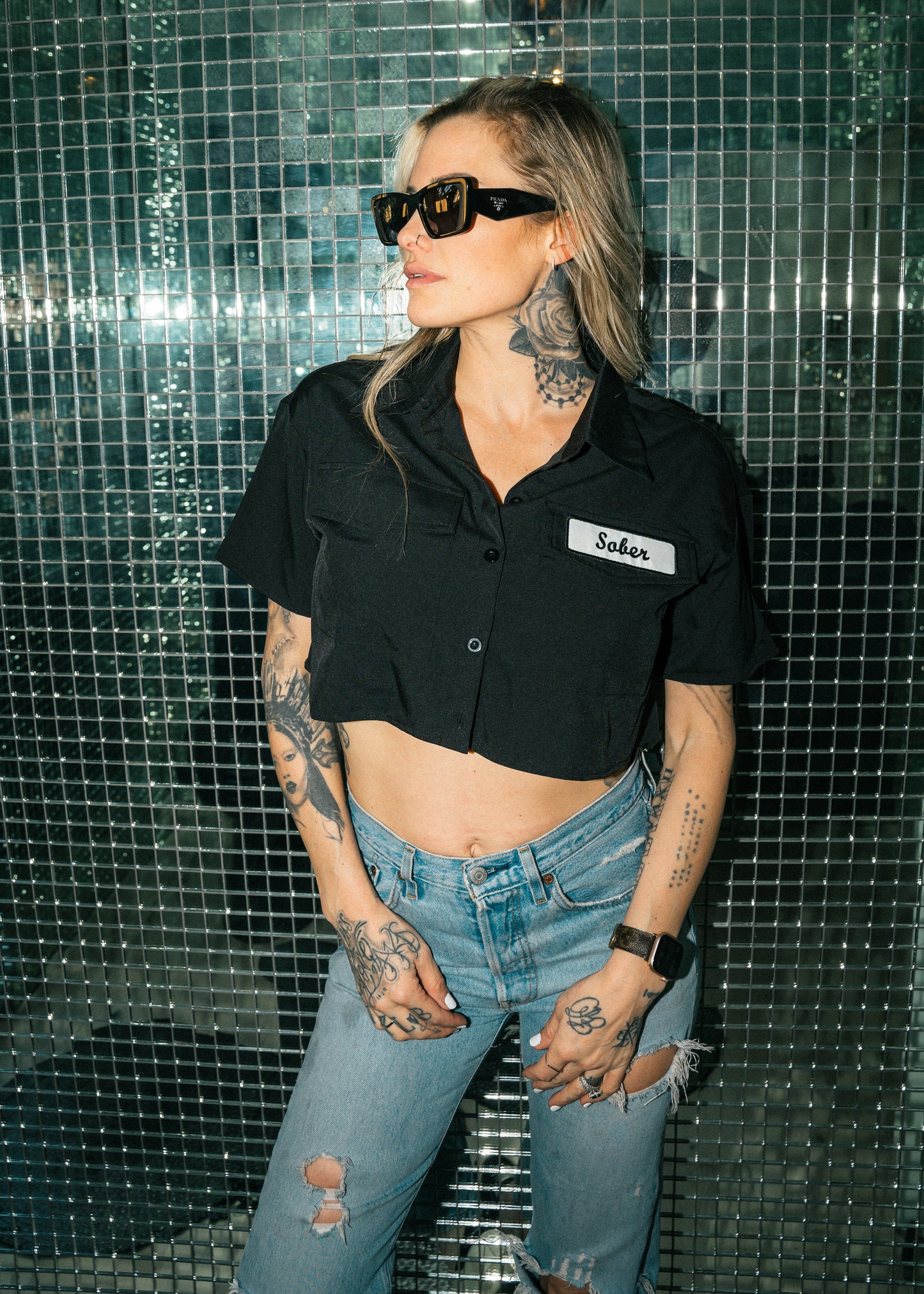 Sober Serenity Crop Button-Up with Black Patch Detailing
