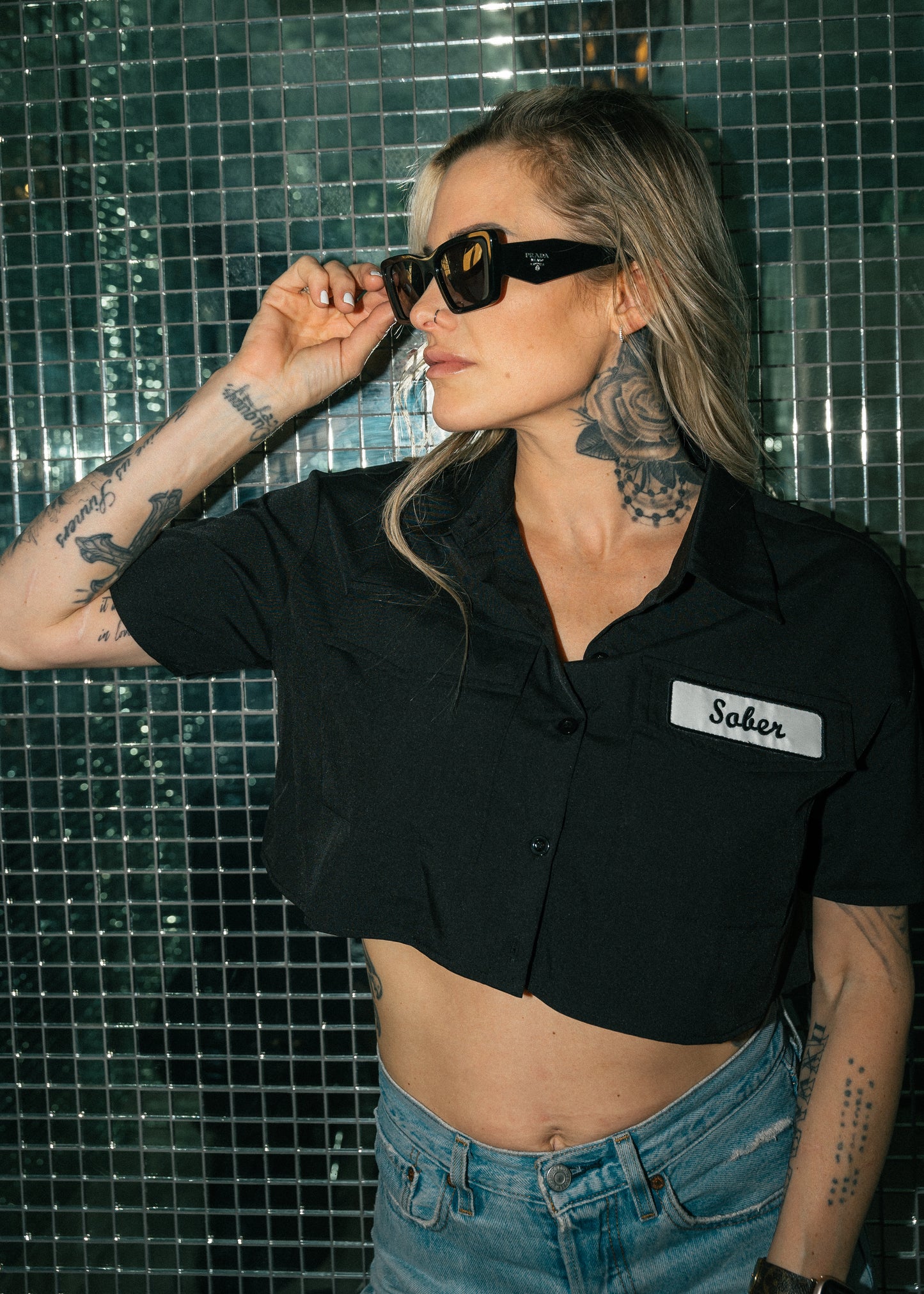 Sober Serenity Crop Button-Up with Black Patch Detailing