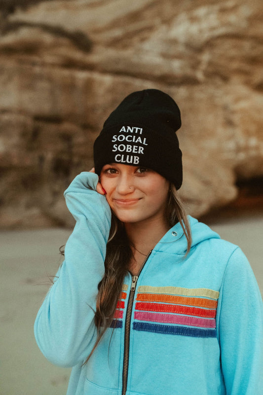 Anti Social Sober Club beanie/ black with white writing