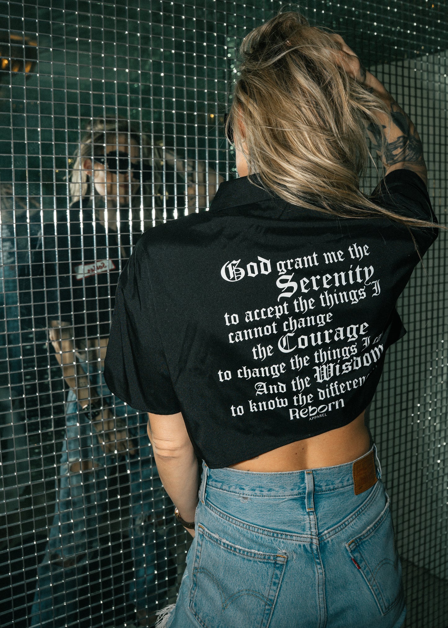 Sober Serenity Crop Button-Up with Black Patch Detailing