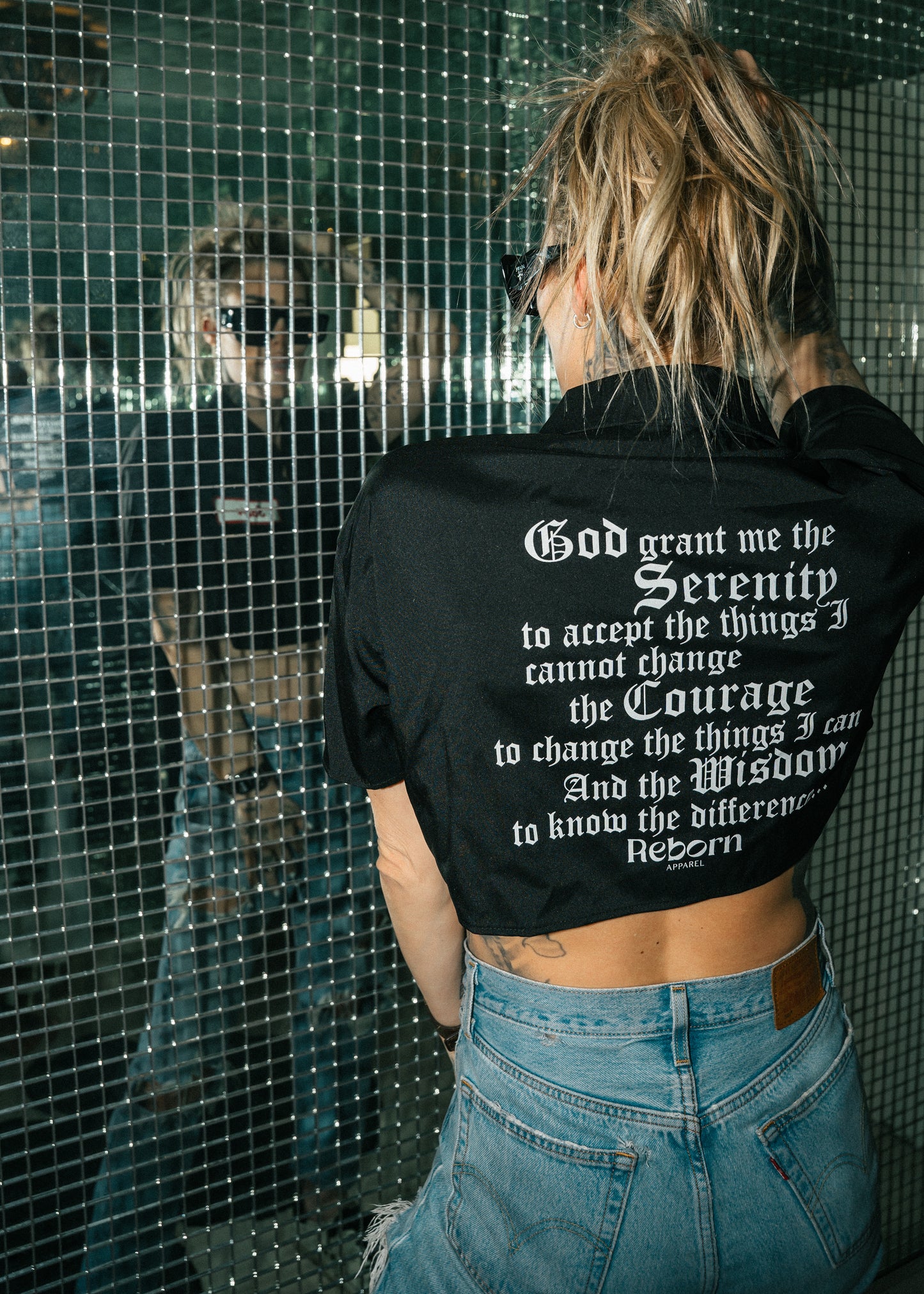 Sober Serenity Crop Button-Up with Red Patch Detailing