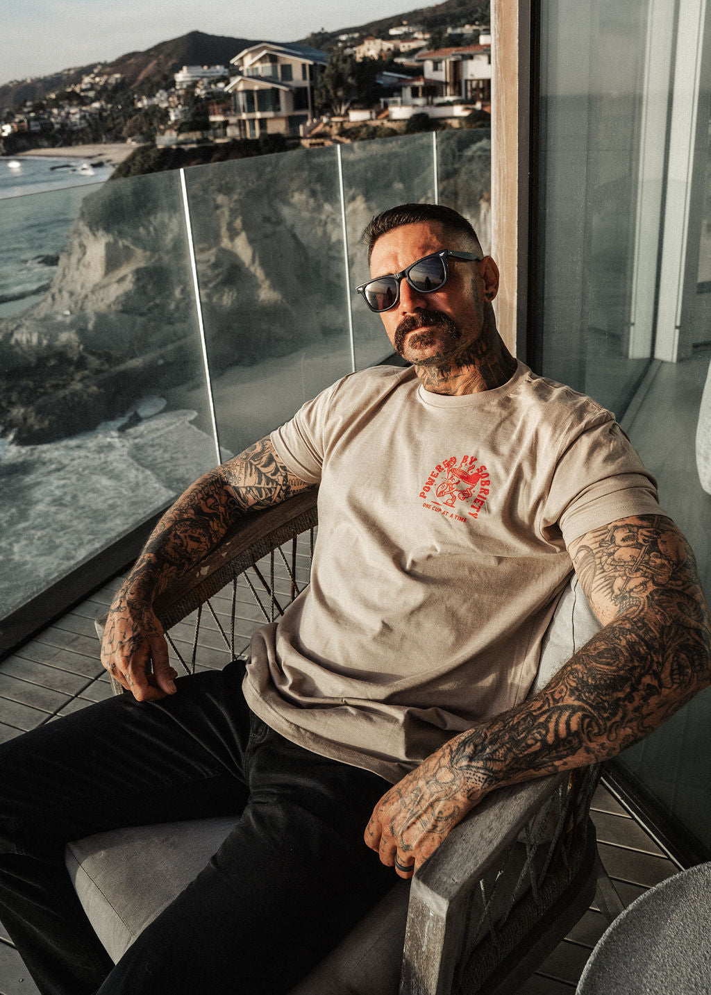 Powered by sobriety ☕️ Dark Tan t shirt with red writing t shirt