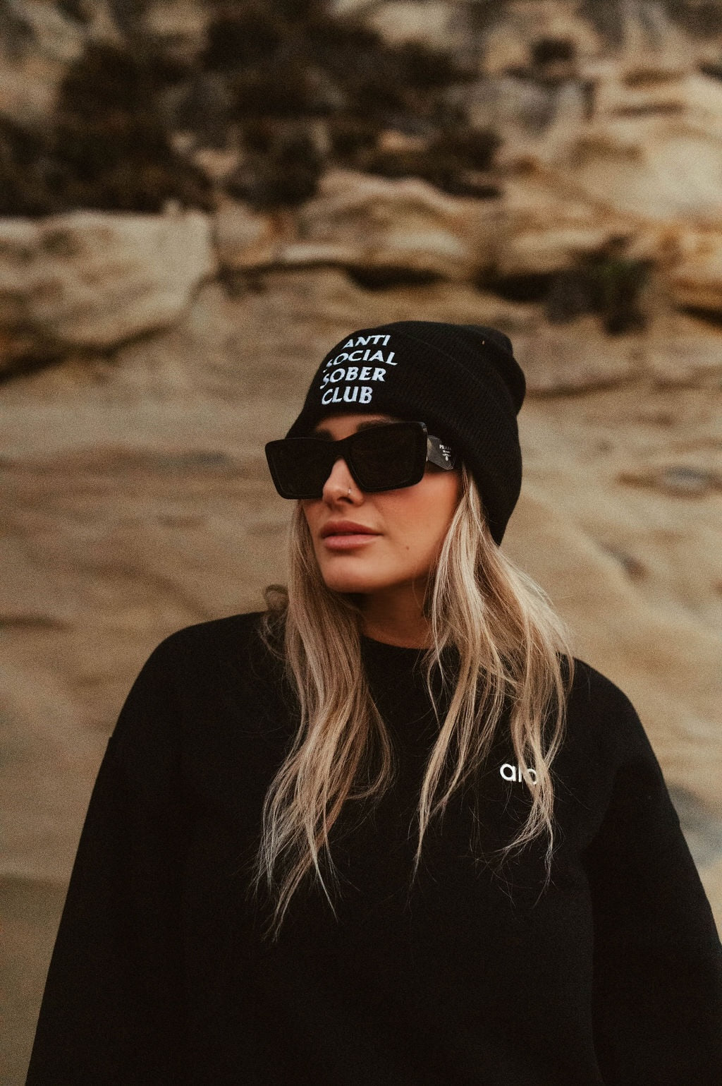 Anti Social Sober Club beanie/ black with white writing