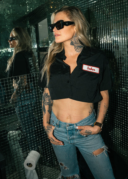 Sober Serenity Crop Button-Up with Red Patch Detailing