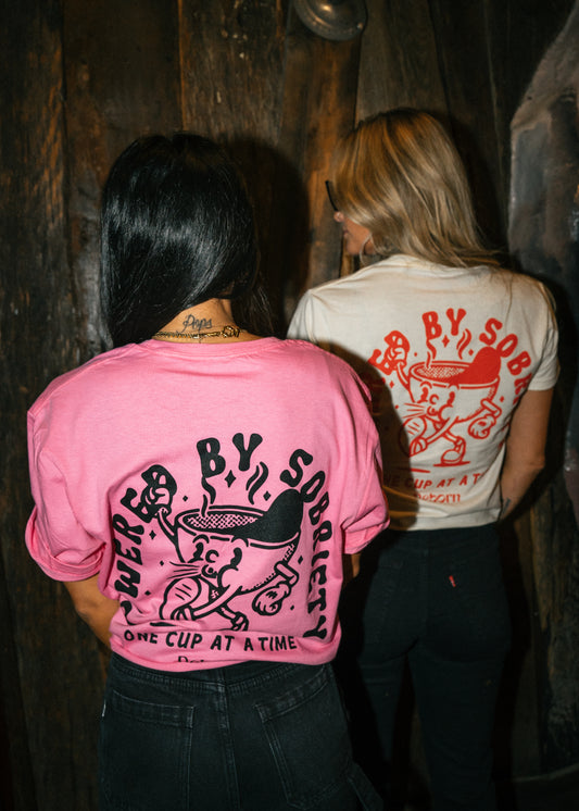 Powered by sobriety ☕️ pink t shirt
