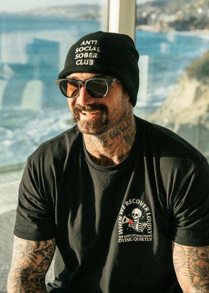 Anti Social Sober Club beanie/ black with white writing