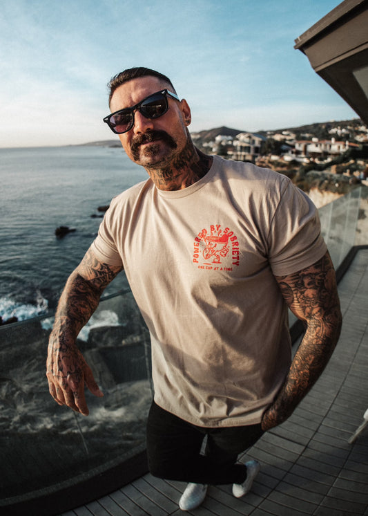 Powered by sobriety ☕️ Dark Tan t shirt with red writing t shirt