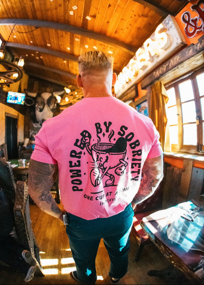 Powered by sobriety ☕️ pink t shirt