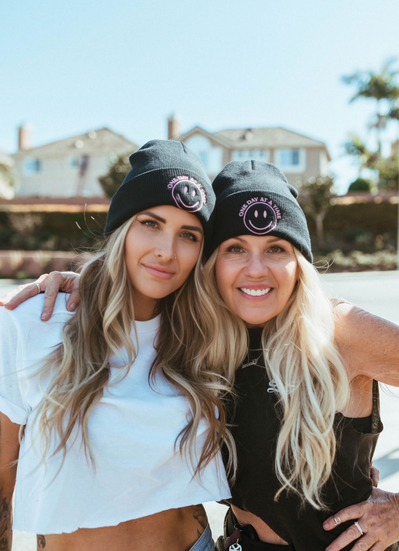 One day at a time/ baby pink black beanie