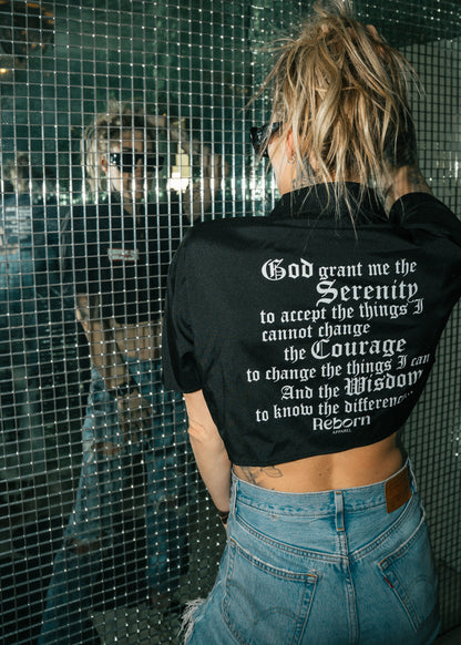 Sober Serenity Crop Button-Up with Red Patch Detailing