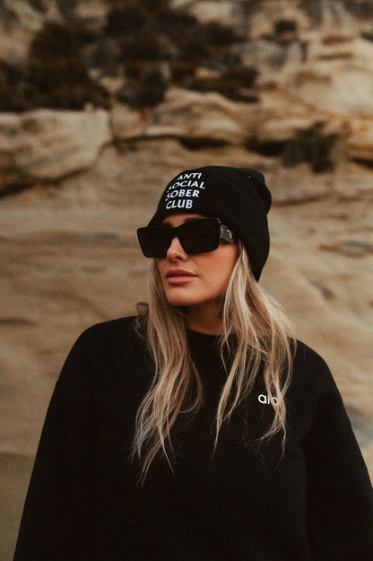 Anti Social Sober Club beanie/ black with white writing